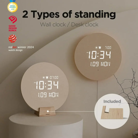 Full Moon LED Silent Wooden Digital Wall Clock with Sunrise Alarm