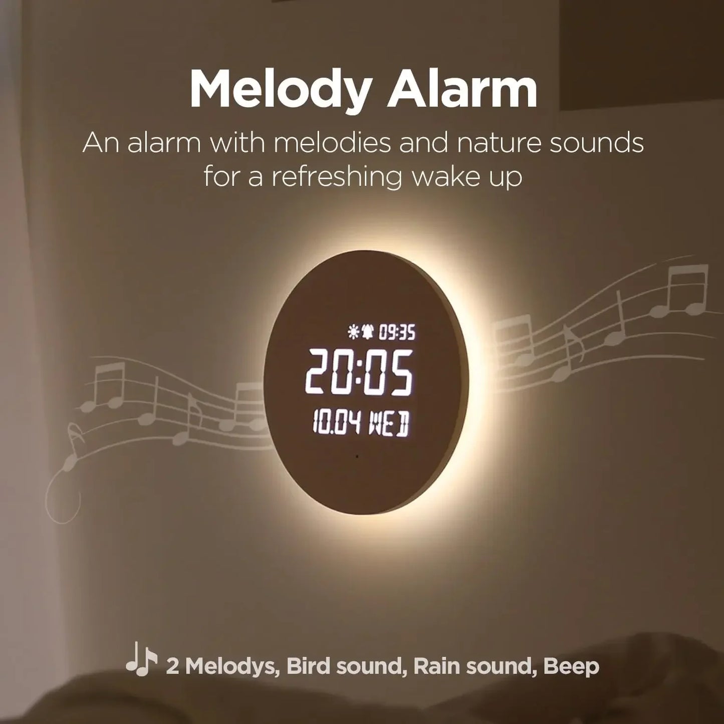 Full Moon LED Silent Wooden Digital Wall Clock with Sunrise Alarm