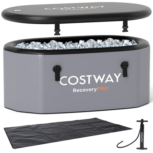 XL 129 Gal Oval Ice Bath Tub with Cover and Hand Pump for Athletes-Gray